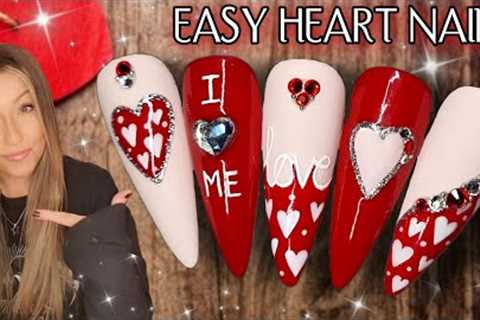 ❤ Easy Heart Valentine Nails | Red Bling Hearts Nail Art Design | Quick Beginner Anti Valentine''s